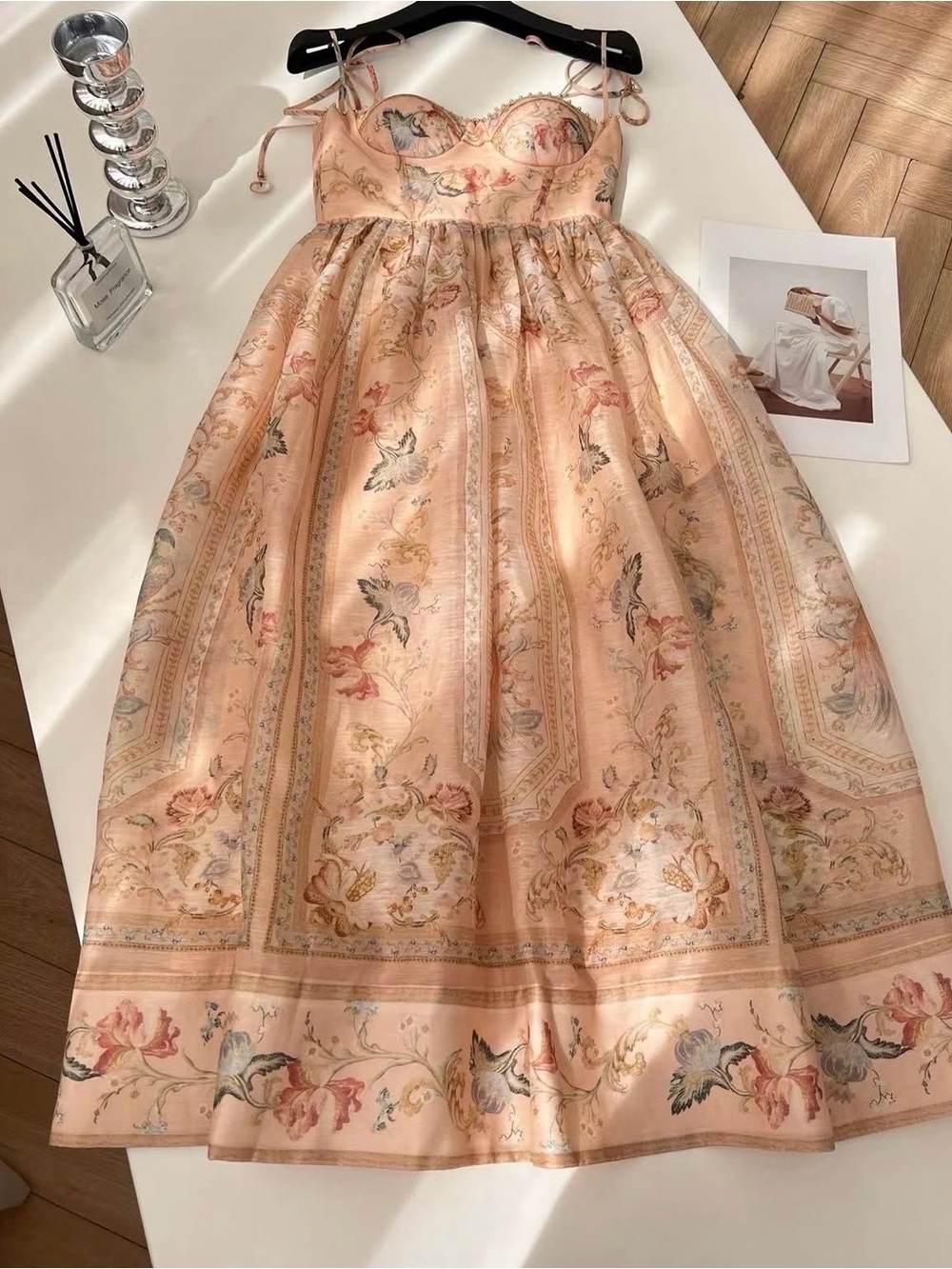 Zimmerman Elegant Peach Floral Midi Dress with Corset Bodice - Picture 5 of 11